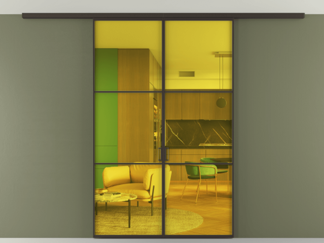 Перегородка Формато вдоль стены на потолок 2 створки АЛПР 040.03 Алюминий антрацит Прозрачное жёлтое стекло, триплекс Цена 10400 Br | Volhovec