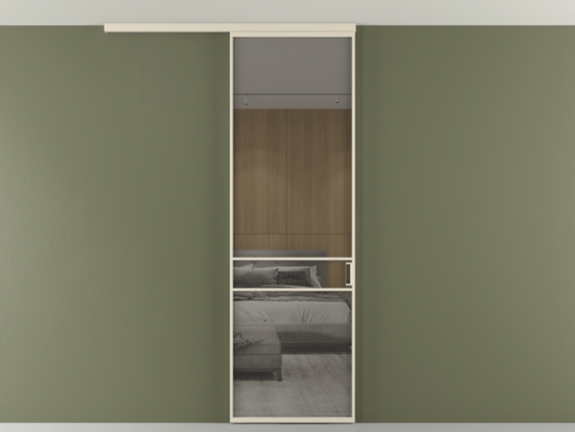 Перегородка Formato вдоль стены на потолок 1 створка АЛПР 040.02 Алюминий бежево-серый Рефлективное серое стекло "Stopsol", калёное Цена 6711 Br | Volhovec