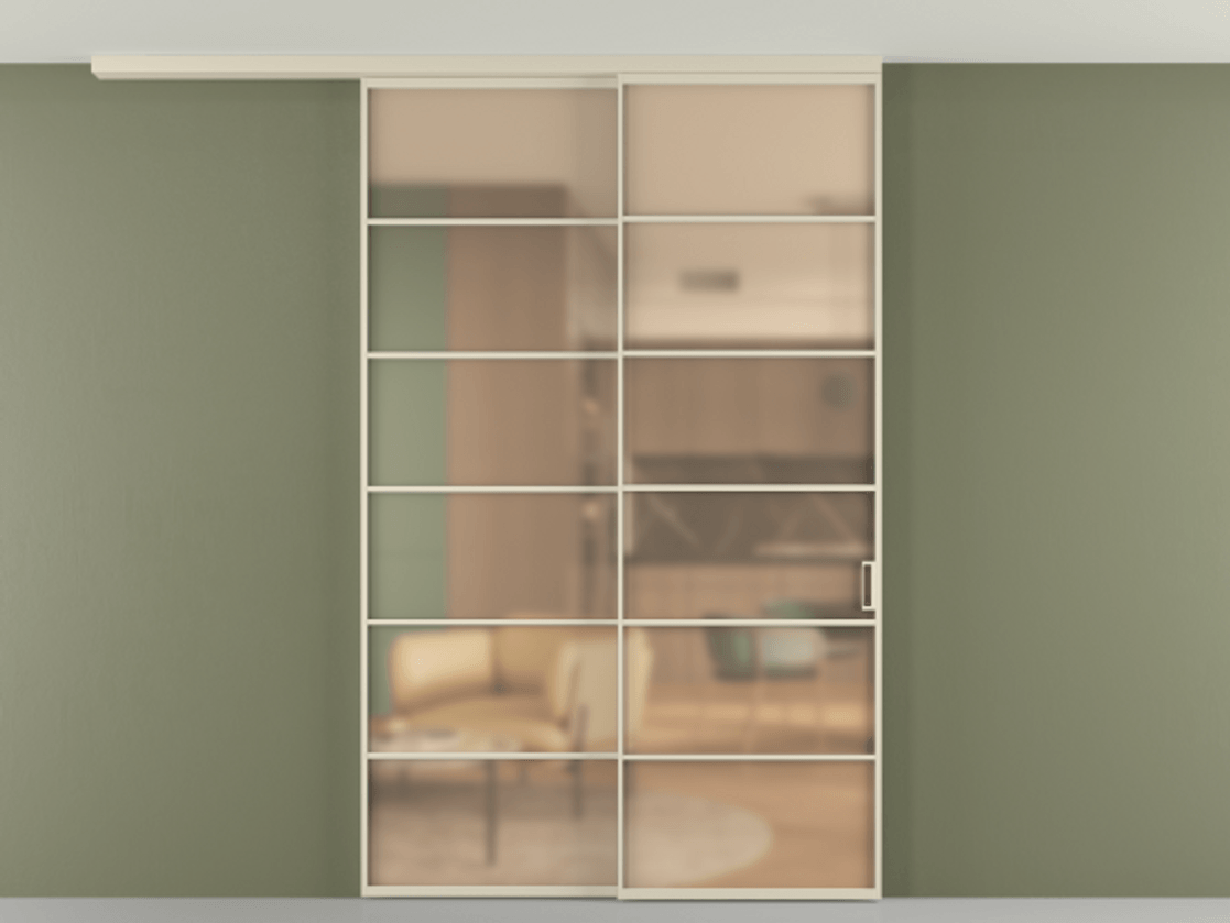 Перегородка Формато вдоль стены на потолок 2 створки с синхронным механизмом АЛПР 040.04 Алюминий бежево-серый Сатинированное оранжевое стекло, триплекс Цена 15600 Br | Volhovec