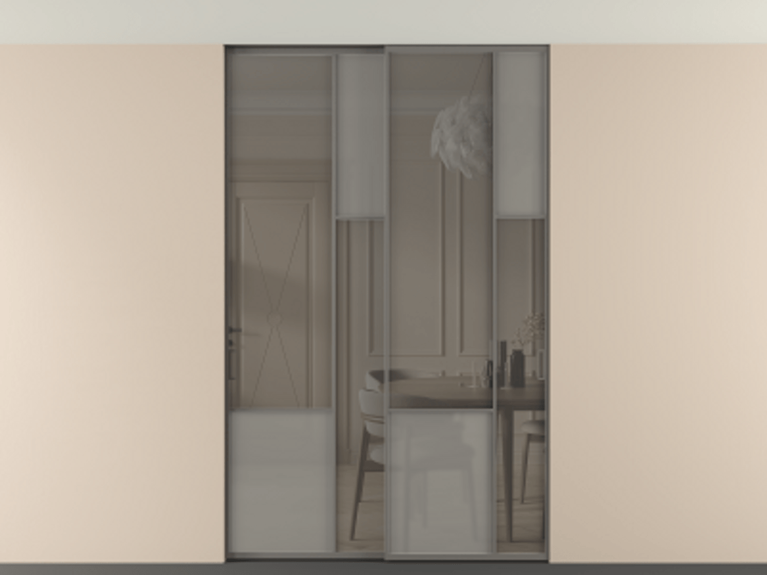 Перегородка Mosaic внутри проёма скрытое крепление в потолок 2 створки АЛПР 041.12 Алюминий классический серый Сатинированное серое стекло, триплекс, 6 мм + Прозрачное серое стекло, триплекс Цена 17350 Br | Volhovec