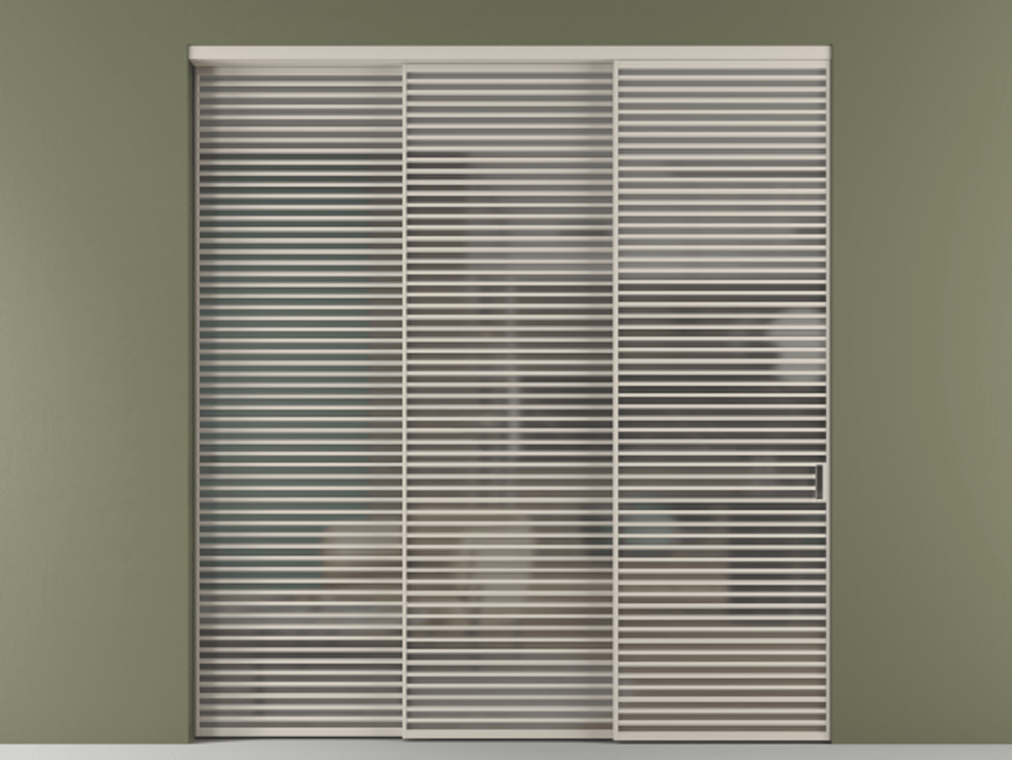 Перегородка Формато внутри проёма 3 створки с синхронным механизмом АЛПР 040.07 Алюминий светло-бежевый Сатинированное серое стекло, триплекс Цена 26120 Br  | Volhovec