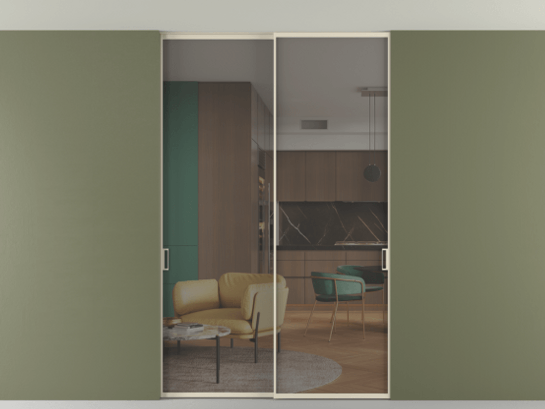 Перегородка Formato внутри проёма скрытое крепление в потолок 2 створки АЛПР 040.01 Алюминий бежево-серый Прозрачное серое стекло, триплекс Цена 13200 Br | Volhovec