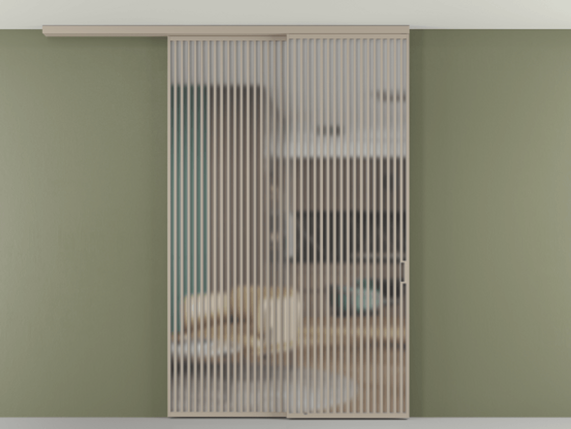 Перегородка Formato вдоль стены на потолок 2 створки с синхронным механизмом АЛПР 040.06 Алюминий бисквитный Сатинированное стекло "Мателюкс Кристал Вижн", калёное, матовое, каленое 6 мм Цена 29010 Br | Volhovec