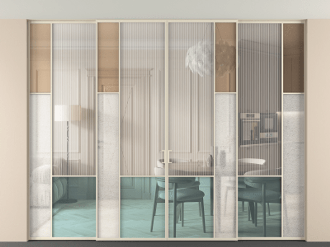 Перегородка Mosaic внутри проёма четырёхстворчатая со скрытым креплением в потолок АЛПР 041.12 Алюминий бежево-серый Комбинация стекол Группы 1 и Группы 3 Цена 29900 Br | Volhovec