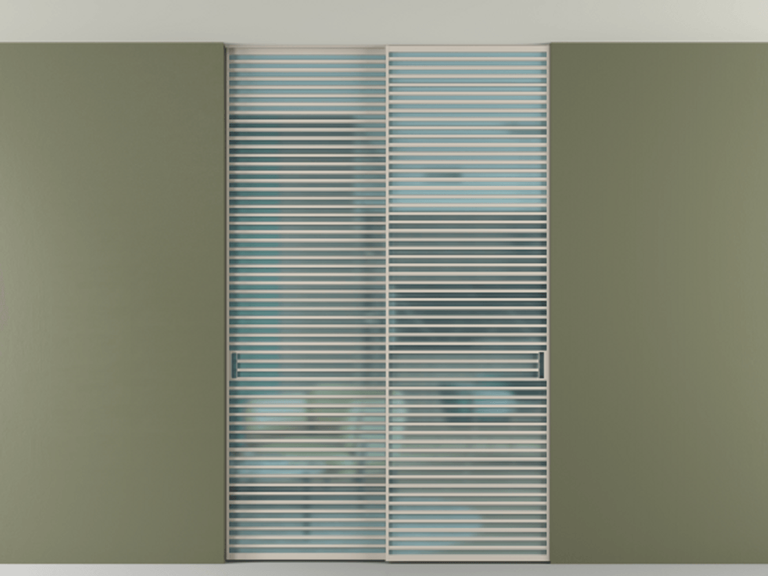 Перегородка Формато внутри проёма скрытое крепление в потолок 2 створки АЛПР 040.07 Алюминий светло-бежевый Сатинированное голубое стекло, триплекс Цена 21900 Br | Volhovec