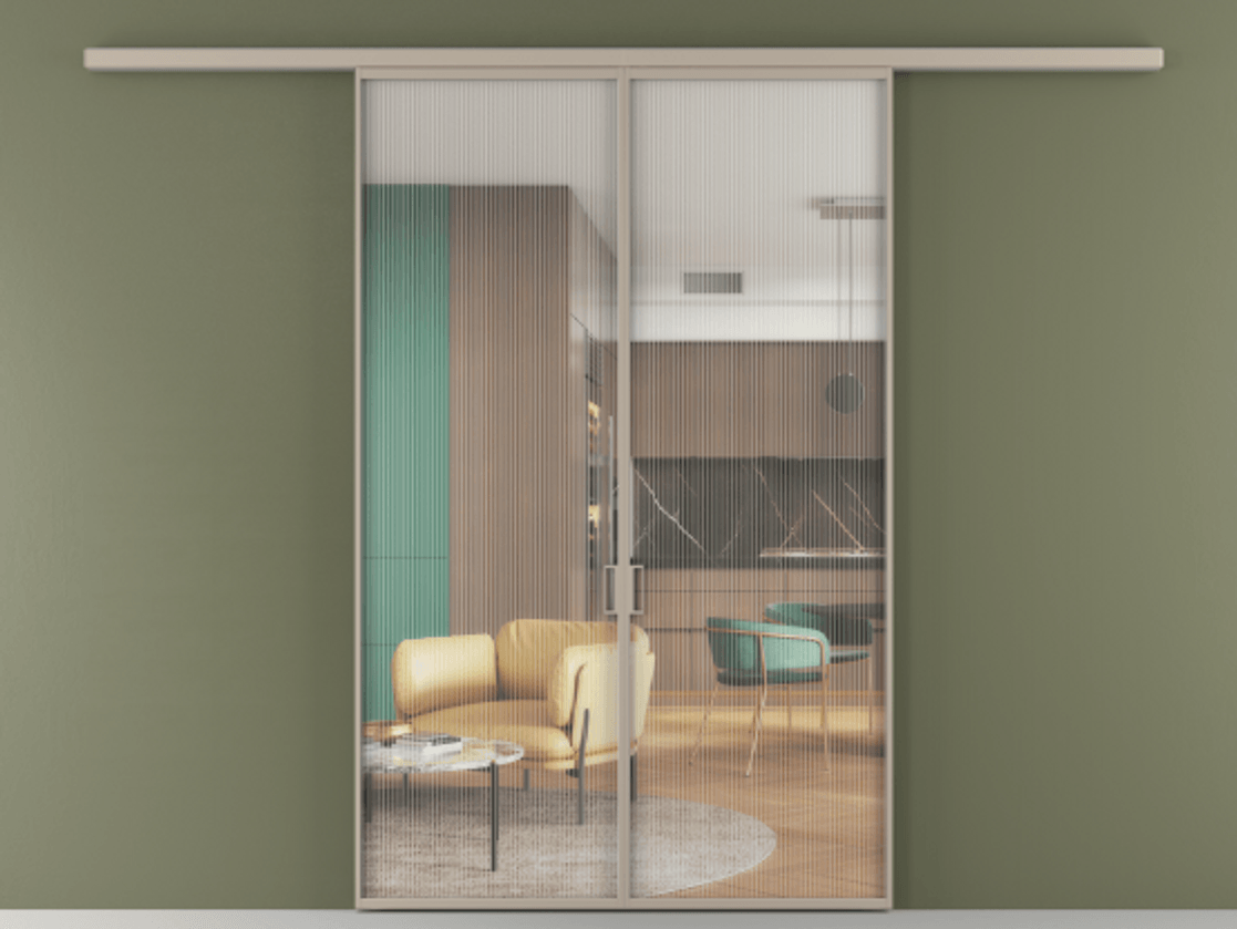 Перегородка Formato вдоль стены 2 створки АЛПР 040.01 Алюминий бисквитный Рифлёное стекло "Moru", триплекс Цена 12740 Br | Volhovec