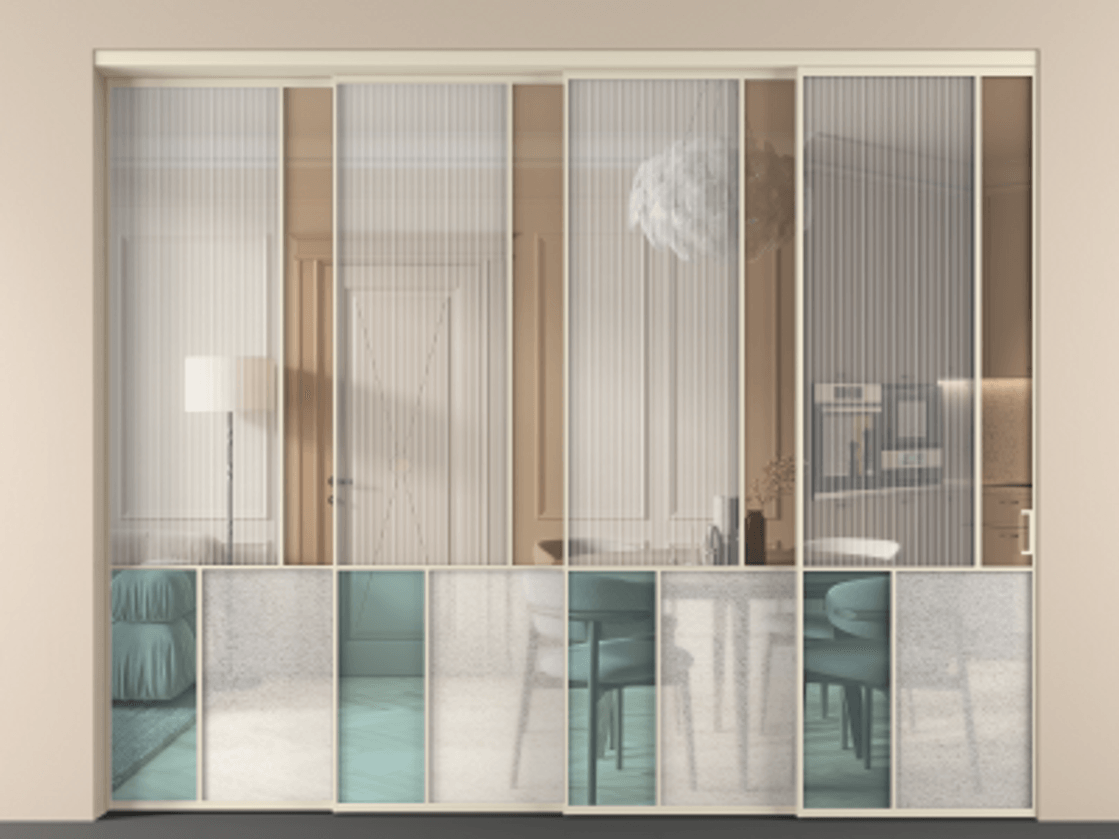 Перегородка Mosaic внутри проёма 4 створки с синхронным механизмом АЛПР 041.21 Алюминий бежево-серый Комбинация стекол Группы 1 и Группы 3 Цена 32700 Br | Volhovec