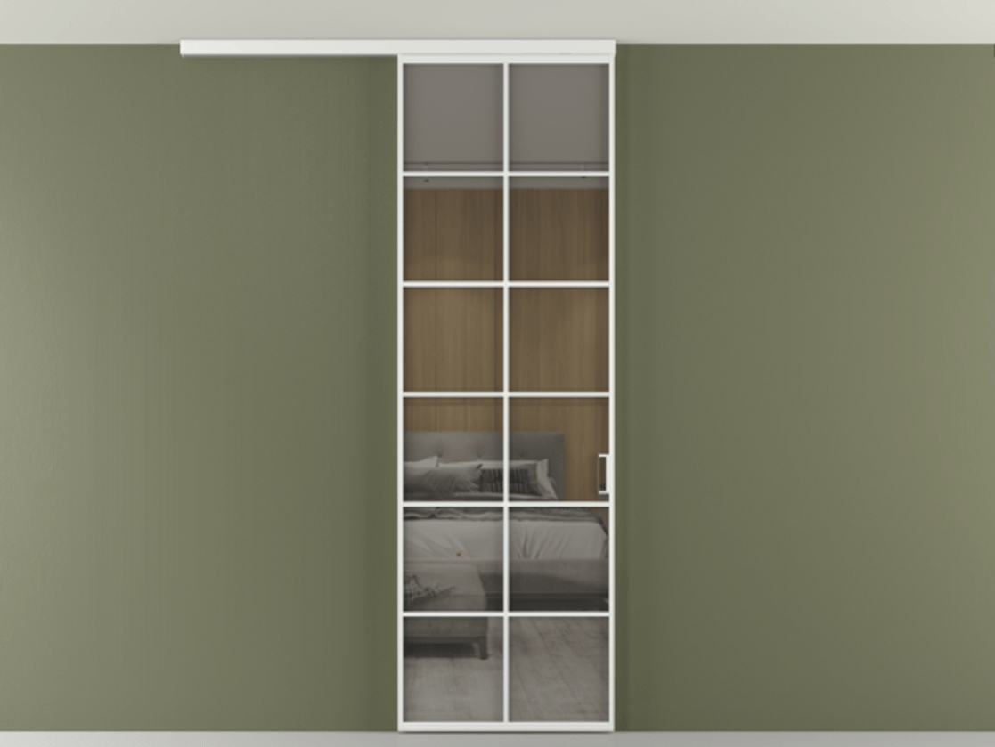 Перегородка Formato вдоль стены на потолок 1 створка АЛПР 040.05 Алюминий белоснежный Рефлективное серое стекло "Стопсол", калёное Цена 7170 Br | Volhovec