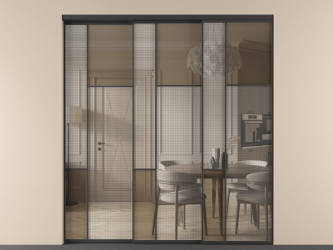 Перегородка Mosaic внутри проема телескопик синхро-3 АЛПР 041.11 Алюминий Черный Mesh silver + Бронза прозрачное триплекс Цена 21610 Br | Volhovec