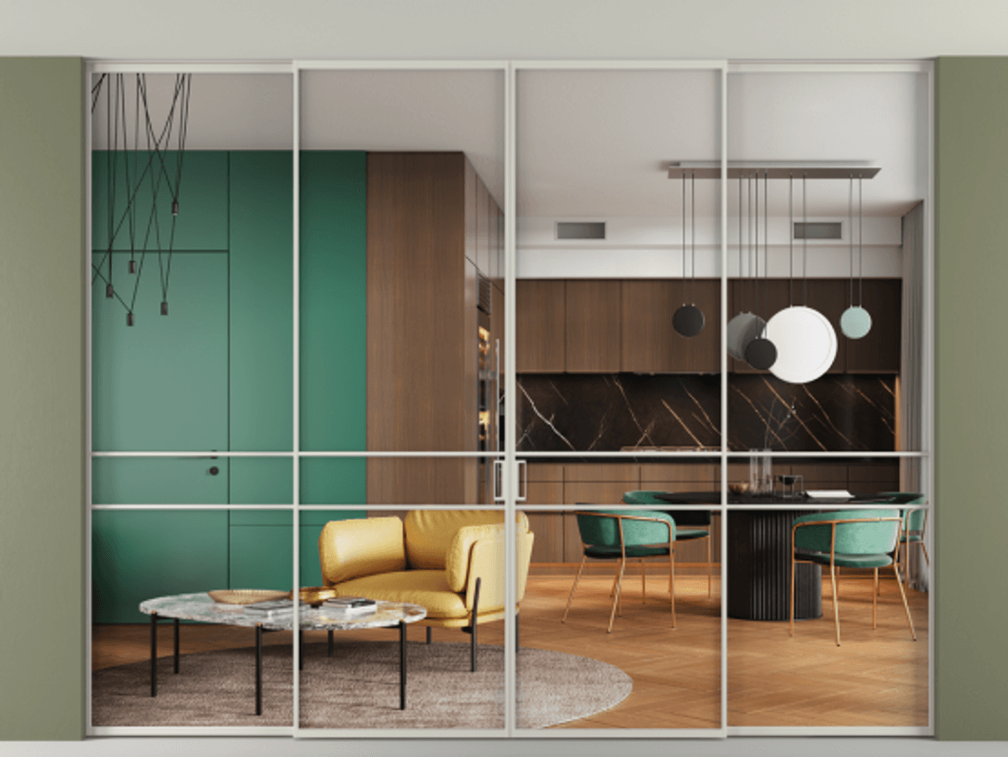 Перегородка Formato внутри проёма скрытое крепление в потолок 4 створки АЛПР 040.02 Алюминий тёплый серый Прозрачное стекло "Crystal Vision", калёное Цена 29680 Br | Volhovec