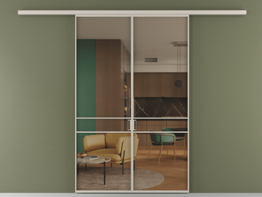 Перегородка Формато вдоль стены 2 створки АЛПР 040.02 Алюминий светло-бежевый Прозрачное бронзовое стекло, триплекс Цена 10450 Br | Volhovec