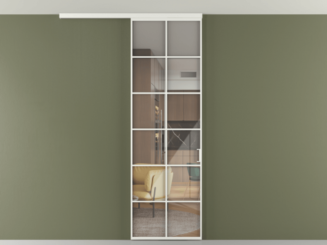 Перегородка Formato вдоль стены на потолок 1 створка АЛПР 040.05 Алюминий светло-серый Рефлективное прозрачное стекло "Stopsol", калёное Цена 7170 Br | Volhovec