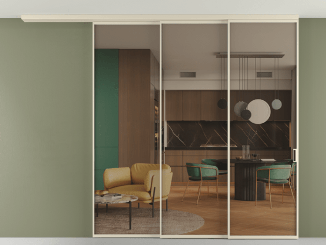 Перегородка Formato вдоль стены на потолок 3 створки с синхронным механизмом АЛПР 040.01 Алюминий бежево-серый Прозрачное бронзовое стекло, триплекс Цена 19820 Br | Volhovec