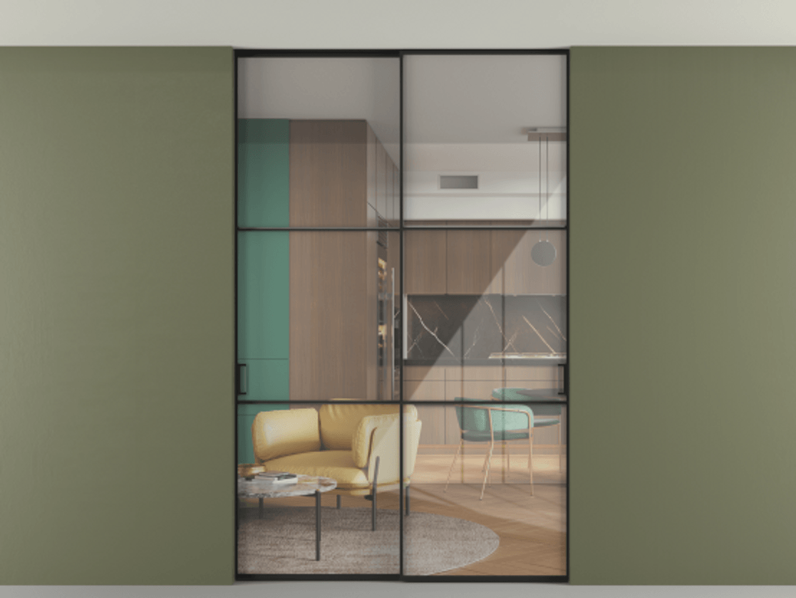 Перегородка Формато внутри проёма скрытое крепление в потолок 2 створки АЛПР 040.03 Алюминий Черный Рефлективное прозрачное стекло "Стопсол", калёное Цена 15910 Br | Volhovec