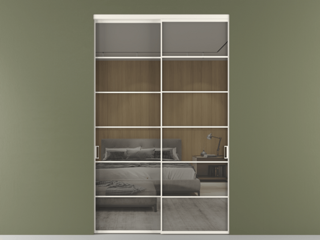 Перегородка Формато внутри проёма 2 створки АЛПР 040.04 Алюминий пудровый белый Рефлективное серое стекло "Стопсол", калёное Цена 26410 Br  | Volhovec