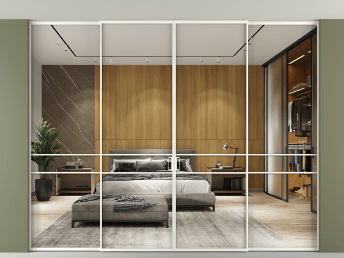 Перегородка Formato внутри проёма скрытое крепление в потолок 4 створки АЛПР 040.02 Алюминий пудровый белый Двустороннее зеркало, триплекс , триплекс 6 мм Цена 24440 Br | Volhovec