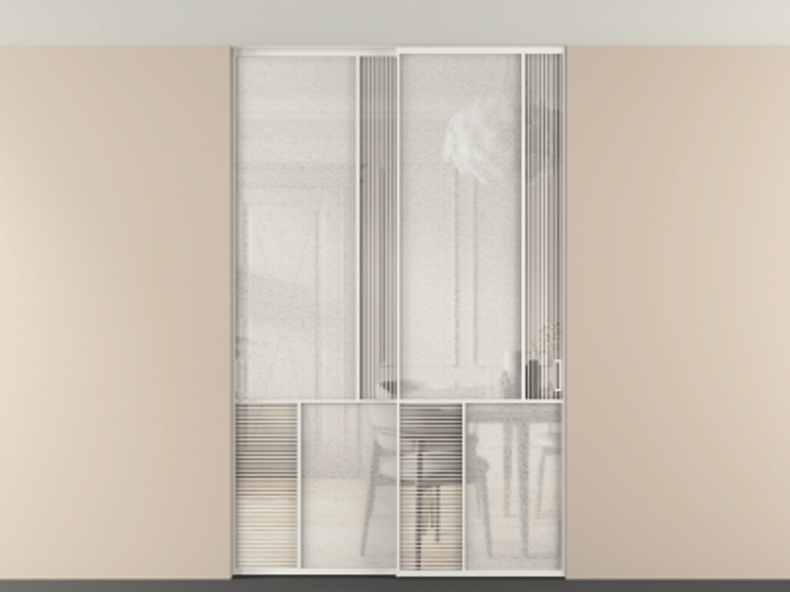Перегородка Mosaic внутри проёма скрытое крепление в потолок 2 створки АЛПР 041.21 Алюминий светло-серый Рифлёное стекло "Дюна", триплекс, 6 мм + Фактурное стекло "Лёд", триплекс Цена 18210 Br | Volhovec