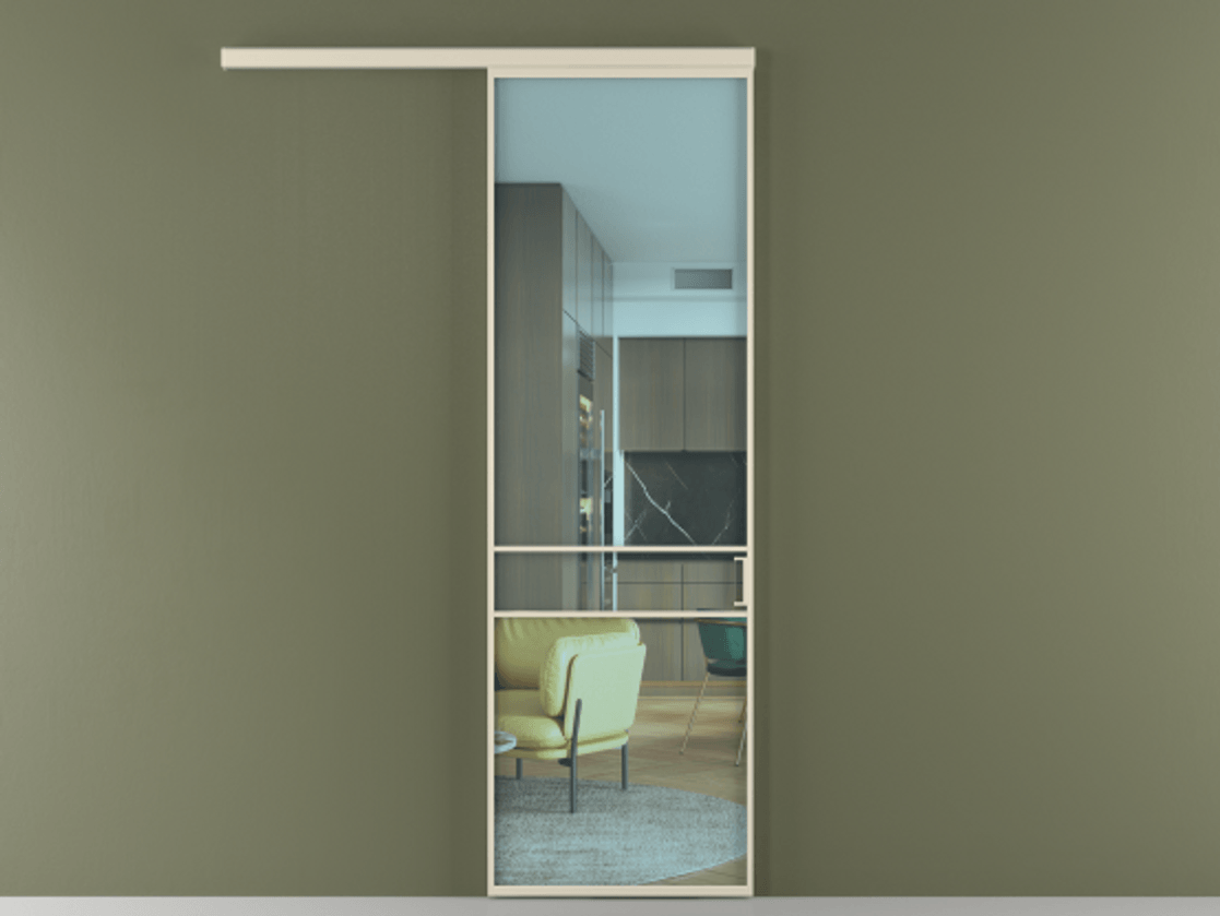 Межкомнатная дверь New Перегородка Formato вдоль стены одностворчатая АЛПР 040.02 Алюминий бежево-серый Прозрачное голубое стекло, триплекс Цена 6100.5847  | Volhovec