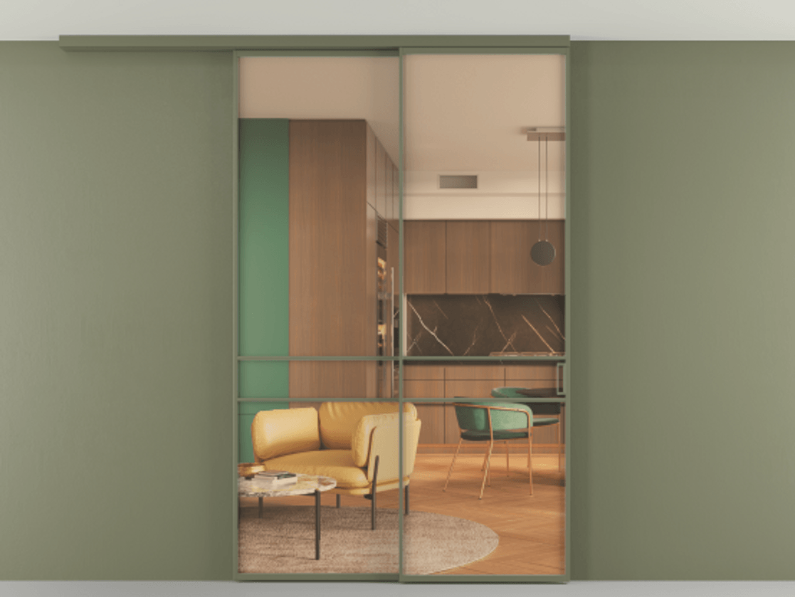 Перегородка Formato вдоль стены на потолок 2 створки с синхронным механизмом АЛПР 040.02 Алюминий оливковый тёмный Прозрачное оранжевое стекло, триплекс Цена 14900 Br | Volhovec