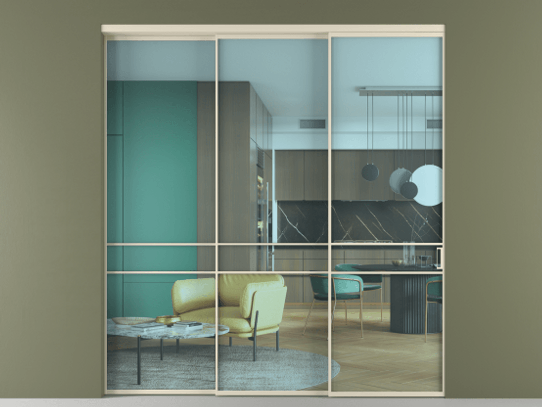 Межкомнатная дверь New Перегородка Formato внутри проёма телескопик синхро 2 АЛПР 040.02 Алюминий бежево-серый Прозрачное голубое стекло, триплекс Цена 20100  | Volhovec