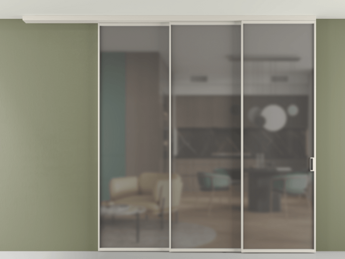 Перегородка Formato вдоль стены на потолок 3 створки с синхронным механизмом АЛПР 040.01 Алюминий облачно-серый Сатинированное серое стекло, триплекс Цена 19820 Br | Volhovec