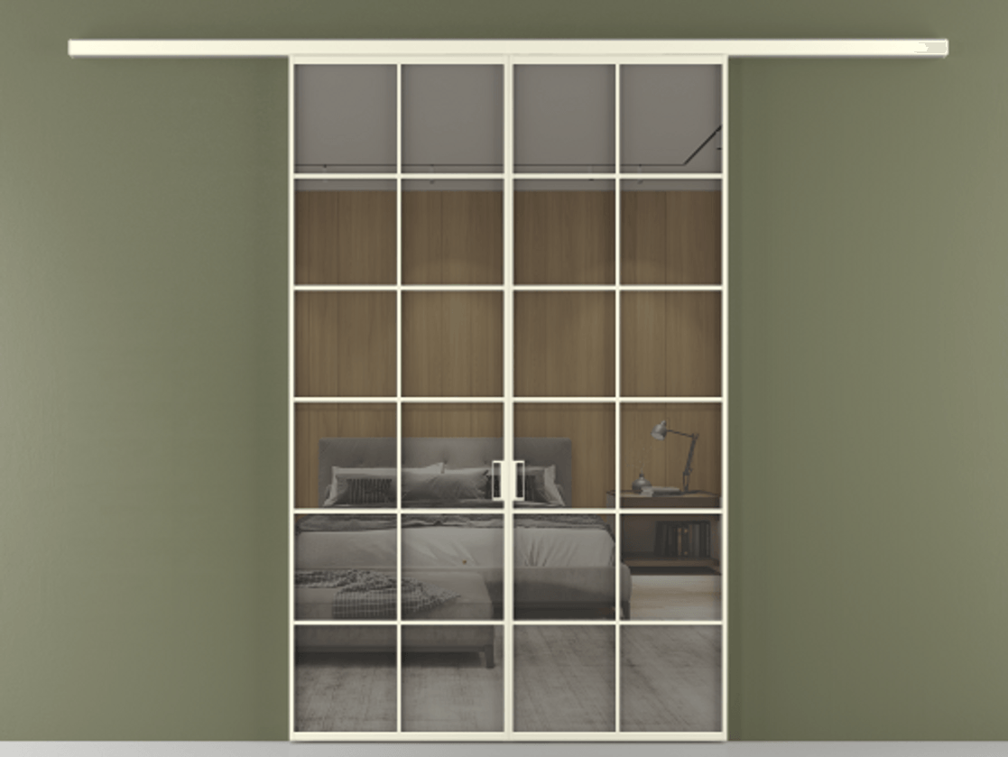 Перегородка Формато вдоль стены 2 створки АЛПР 040.05 Алюминий молочно-белый Рефлективное серое стекло "Стопсол", калёное Цена 14150 Br | Volhovec