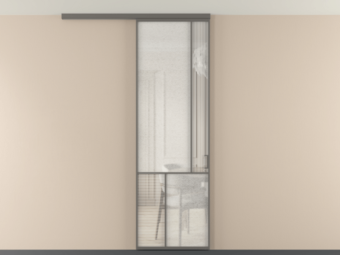 Перегородка Мозаик вдоль стены на потолок 1 створка АЛПР 041.21 Алюминий классический серый Рифлёное стекло "Дюна", триплекс, 6 мм + Фактурное стекло "Лёд", триплекс Цена 7650 Br | Volhovec