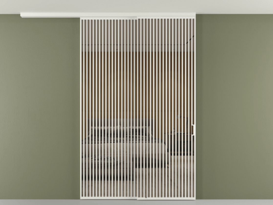 Перегородка Формато вдоль стены на потолок 2 створки с синхронным механизмом АЛПР 040.06 Алюминий светло-серый Рефлективное бронзовое стекло "Стопсол", калёное Цена 29010 Br | Volhovec