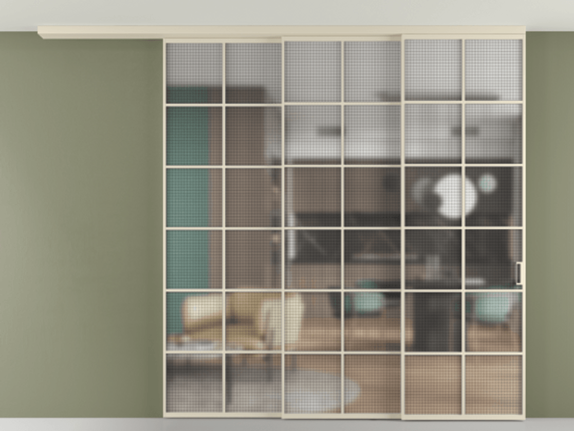 Перегородка Formato вдоль стены на потолок 3 створки с синхронным механизмом АЛПР 040.05 Алюминий бежево-серый Декоративное стекло с сеткой "Mesh silver", триплекс Цена 23320 Br | Volhovec