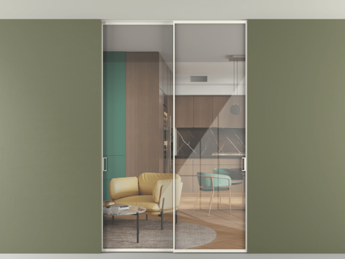 Перегородка Формато внутри проёма скрытое крепление в потолок 2 створки АЛПР 040.01 Алюминий жемчужный Рефлективное прозрачное стекло "Стопсол", калёное Цена 15700 Br | Volhovec