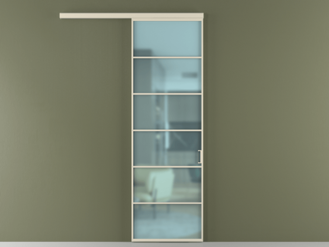 Межкомнатная дверь New Перегородка Formato вдоль стены одностворчатая АЛПР 040.04 Алюминий бежево-серый Сатинированное голубое стекло, триплекс Цена 5900  | Volhovec