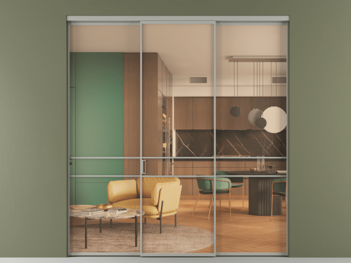 Перегородка Формато внутри проёма 3 створки АЛПР 040.02 Алюминий нейтральный серый Прозрачное оранжевое стекло, триплекс Цена 12700 Br | Volhovec