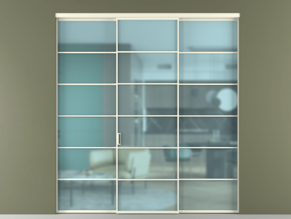 Перегородка Формато внутри проёма 3 створки АЛПР 040.04 Алюминий молочно-белый Сатинированное голубое стекло, триплекс Цена 13600 Br | Volhovec