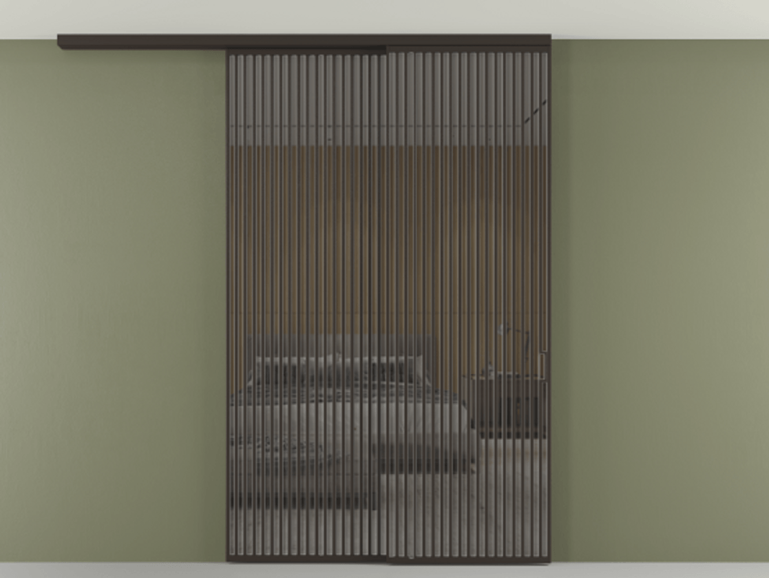 Перегородка Formato вдоль стены на потолок 2 створки с синхронным механизмом АЛПР 040.06 Алюминий антрацит Рефлективное серое стекло "Стопсол", калёное Цена 29010 Br | Volhovec