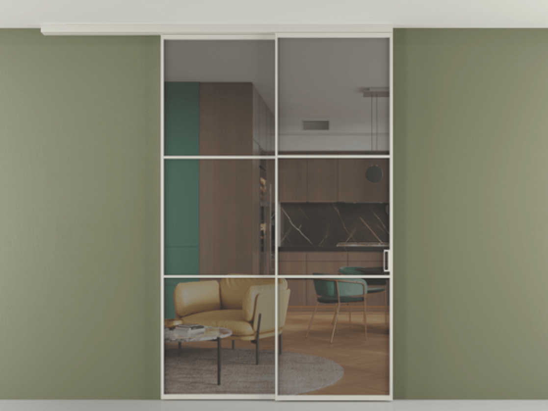 Перегородка Формато вдоль стены на потолок 2 створки с синхронным механизмом АЛПР 040.03 Алюминий тёплый серый Прозрачное серое стекло, триплекс Цена 16630 Br | Volhovec