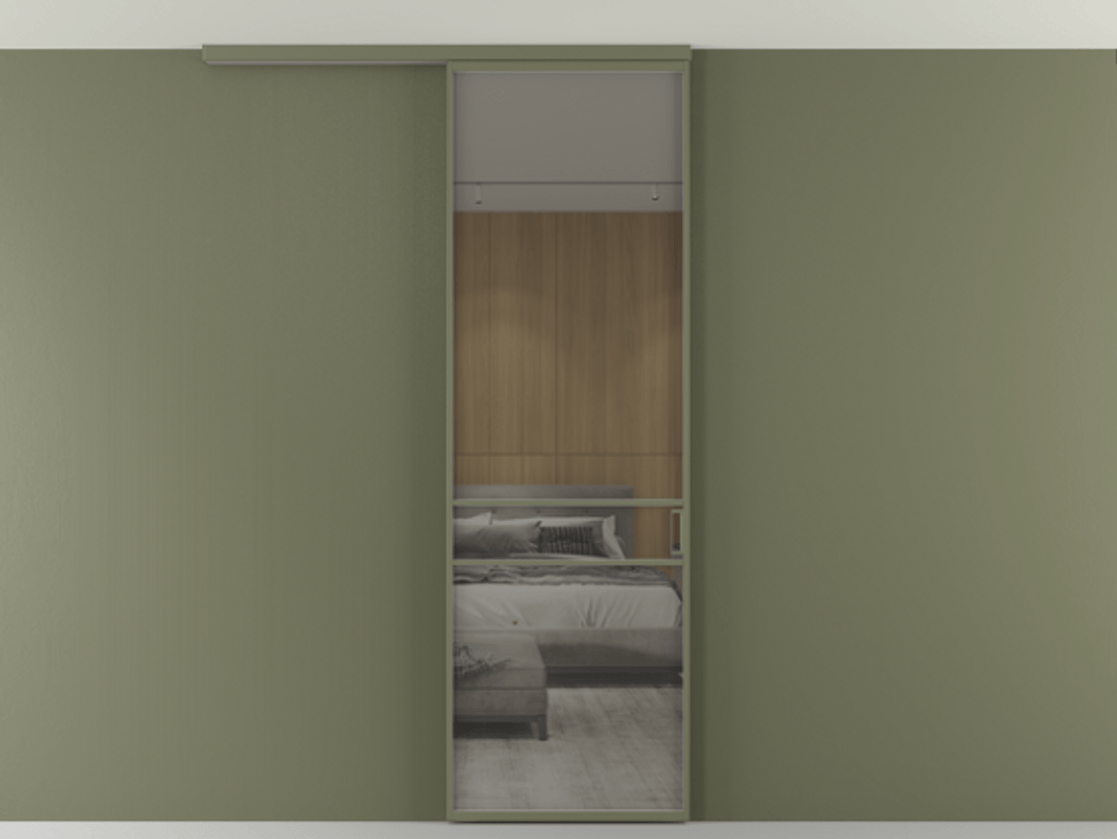 Перегородка Formato вдоль стены на потолок 1 створка АЛПР 040.02 Алюминий оливковый тёмный Рефлективное серое стекло "Stopsol", калёное Цена 6711 Br | Volhovec