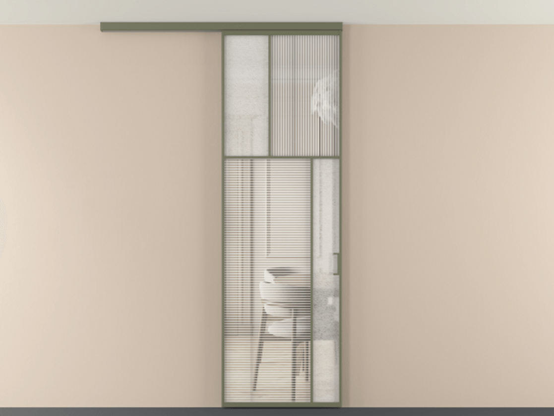 Перегородка Мозаик вдоль стены на потолок 1 створка АЛПР 041.23 Алюминий оливковый тёмный Рифлёное стекло "Дюна", триплекс, 6 мм + Фактурное стекло "Лёд", триплекс Цена 7650 Br | Volhovec