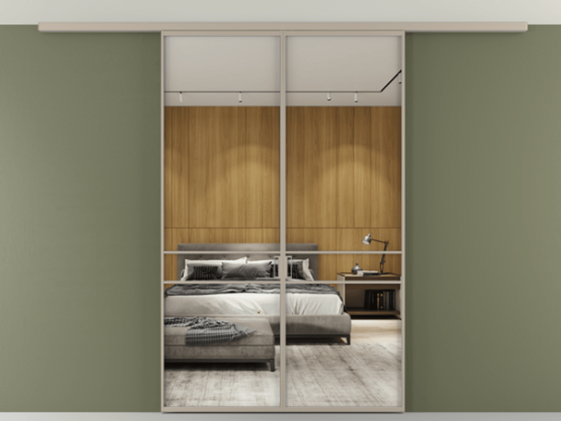 Перегородка Формато вдоль стены на потолок 2 створки АЛПР 040.02 Алюминий бисквитный Двустороннее зеркало, триплекс , триплекс 6 мм Цена 9980 Br | Volhovec