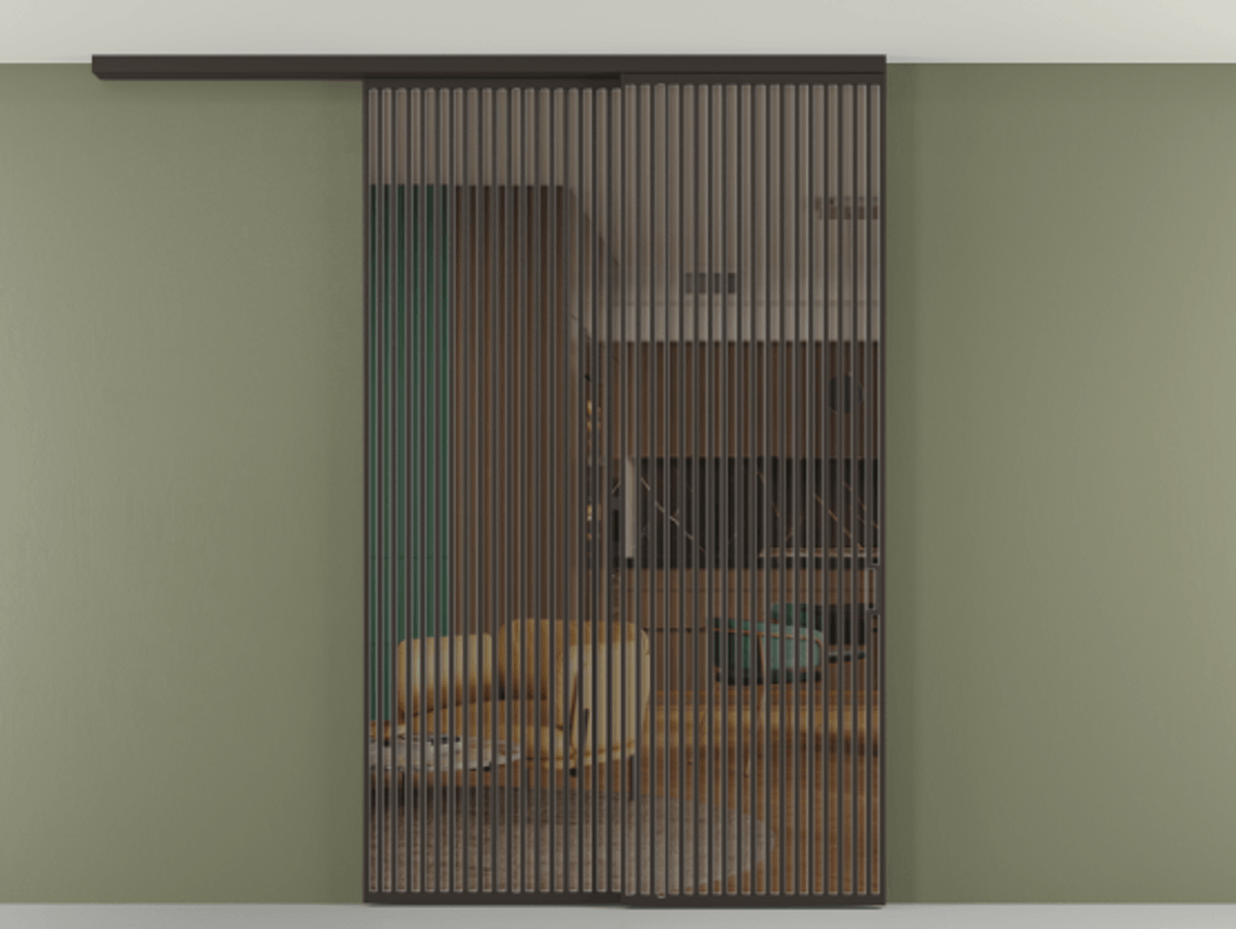 Перегородка Формато вдоль стены на потолок 2 створки с синхронным механизмом АЛПР 040.06 Алюминий антрацит Прозрачное бронзовое стекло, триплекс Цена 23070 Br | Volhovec