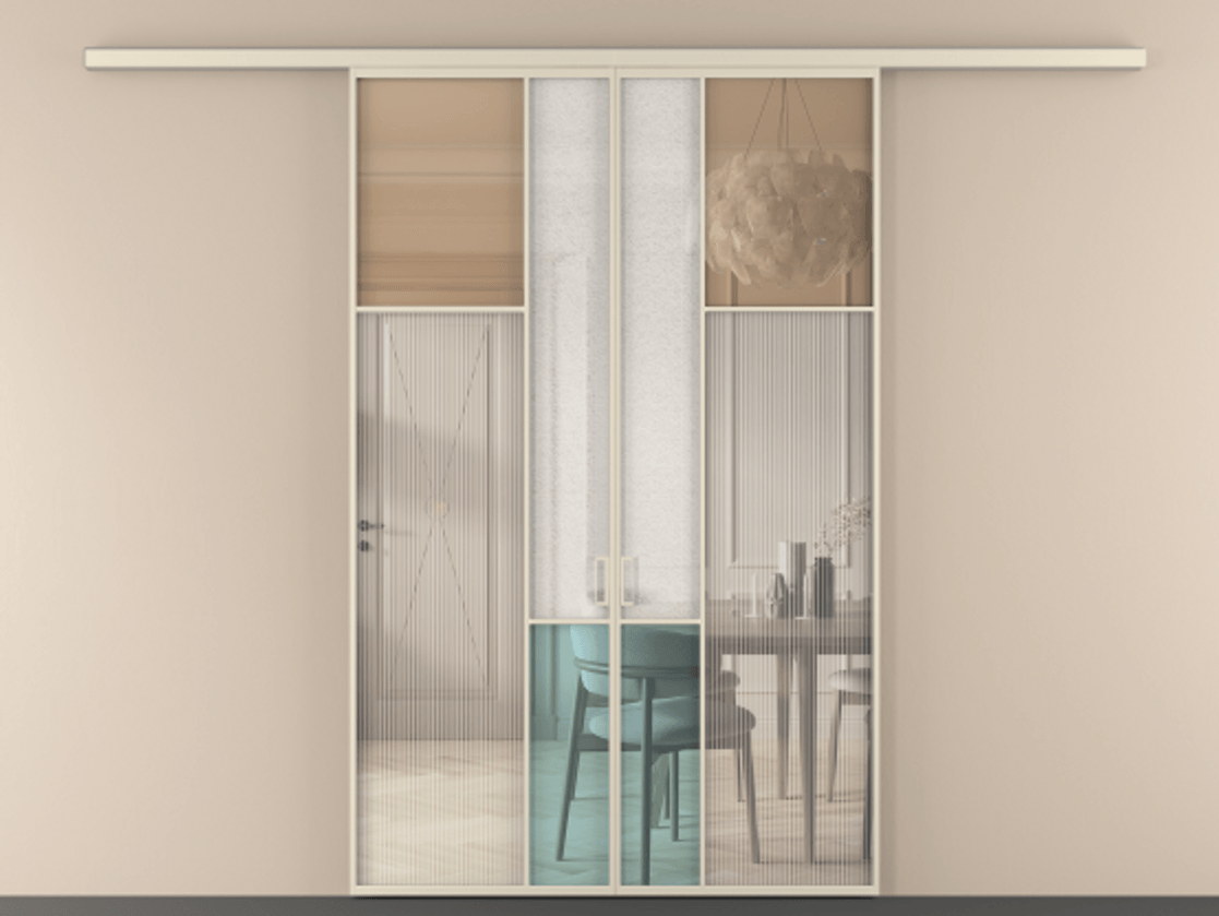 Перегородка Mosaic вдоль стены двустворчатая АЛПР 041.11 Алюминий бежево-серый Комбинация стекол Группы 1 и Группы 3 Цена 13300 Br | Volhovec