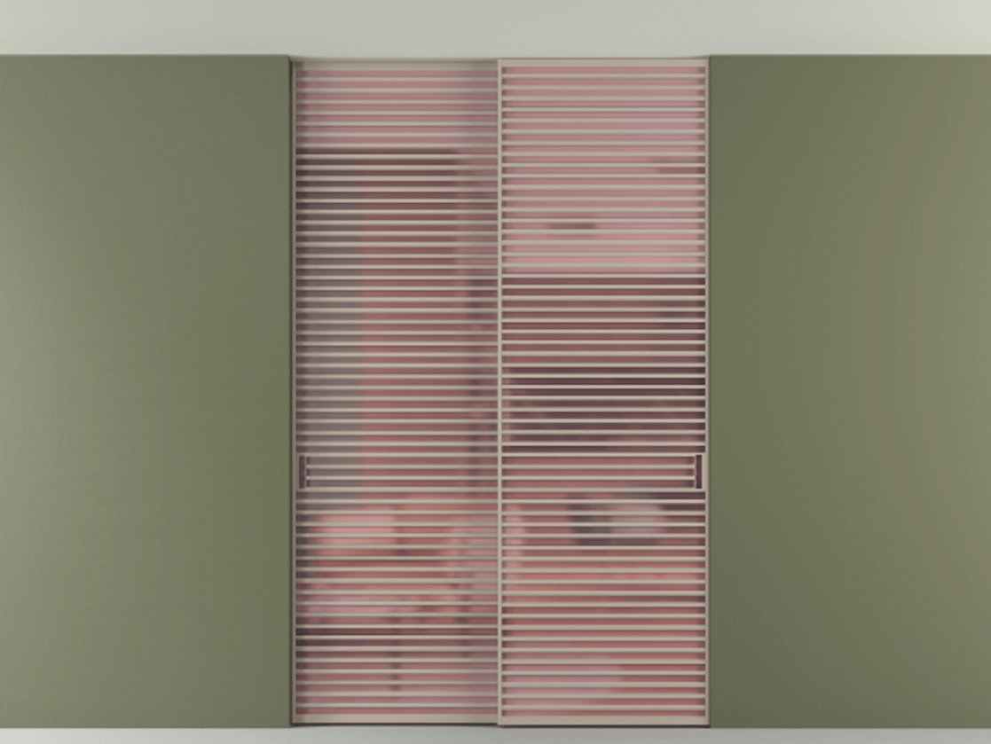 Перегородка Формато внутри проёма скрытое крепление в потолок 2 створки АЛПР 040.07 Алюминий бисквитный Сатинированное розовое стекло, триплекс Цена 21900 Br | Volhovec