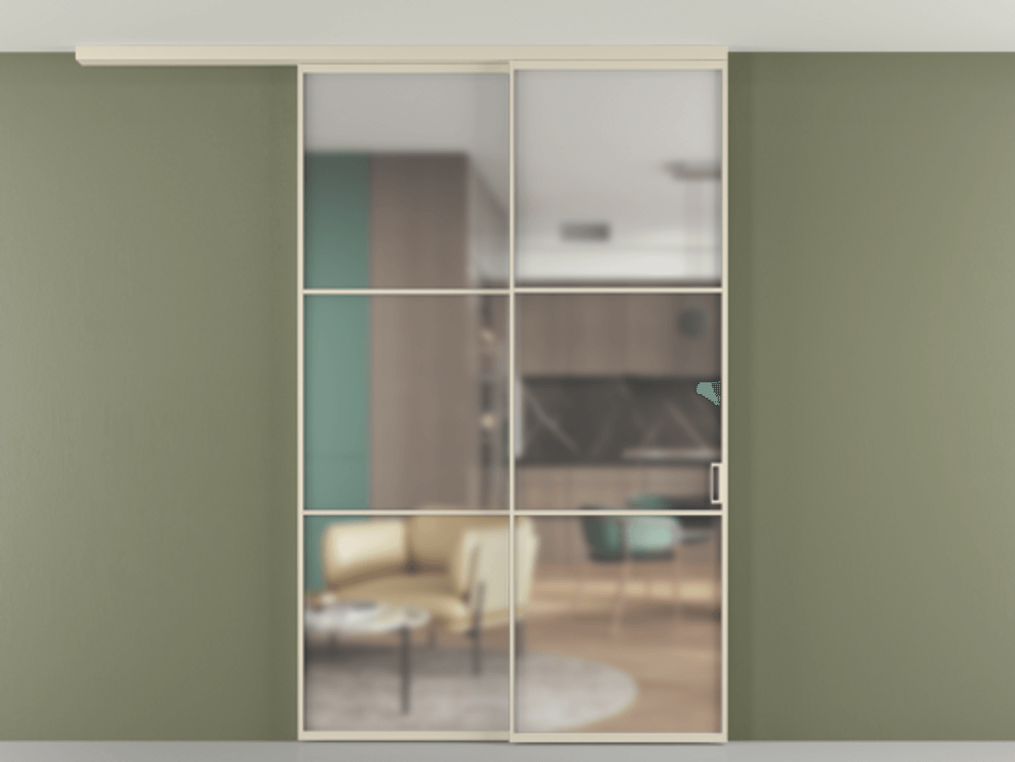 Перегородка Формато вдоль стены на потолок 2 створки с синхронным механизмом АЛПР 040.03 Алюминий бежево-серый Сатинированное стекло "Мателюкс Кристал Вижн", калёное, матовое, каленое 6 мм Цена 17480 Br | Volhovec