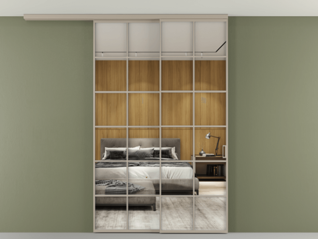 Перегородка Формато вдоль стены на потолок 2 створки с синхронным механизмом АЛПР 040.05 Алюминий бисквитный Двустороннее зеркало, триплекс , триплекс 6 мм Цена 15110 Br | Volhovec