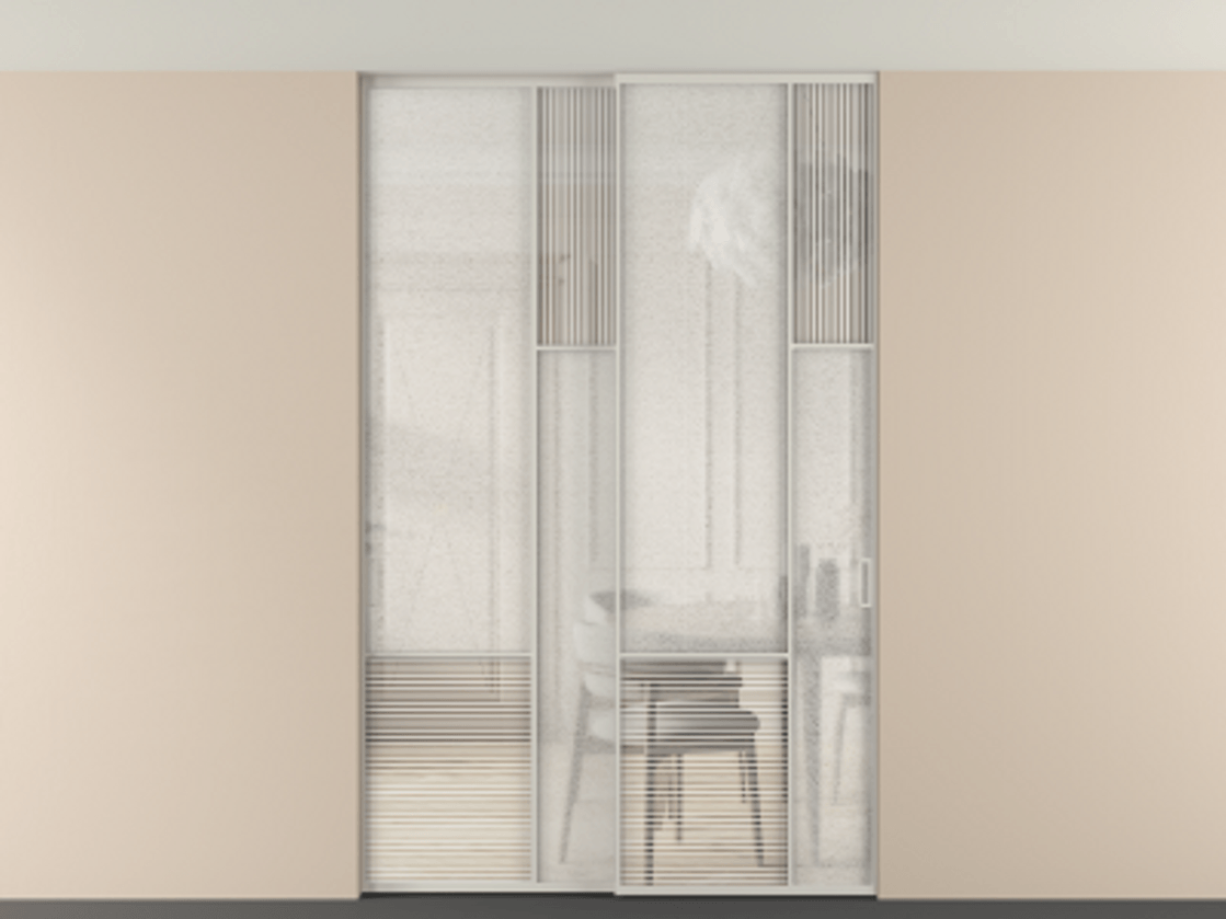 Перегородка Mosaic внутри проёма скрытое крепление в потолок 2 створки АЛПР 041.12 Алюминий тёплый серый Рифлёное стекло "Дюна", триплекс, 6 мм + Фактурное стекло "Лёд", триплекс Цена 18210 Br | Volhovec
