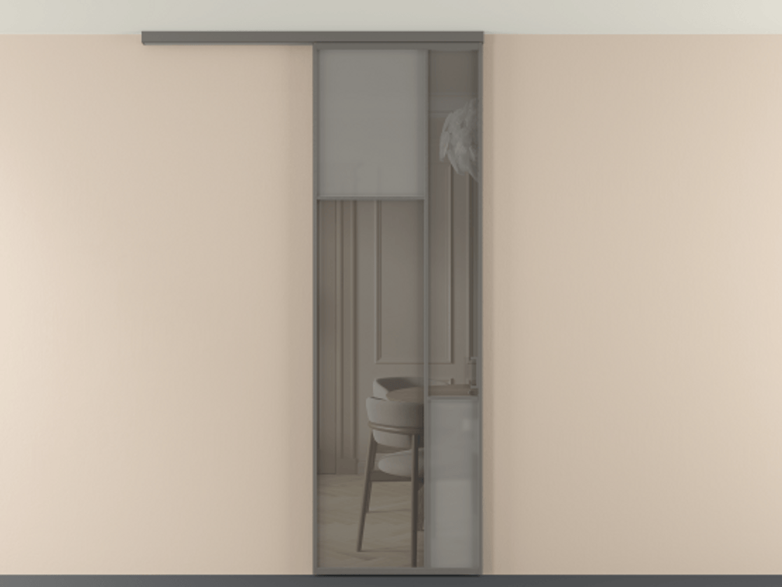 Перегородка Мозаик вдоль стены на потолок 1 створка АЛПР 041.10 Алюминий классический серый Сатинированное серое стекло, триплекс, 6 мм + Прозрачное серое стекло, триплекс Цена 7220 Br | Volhovec