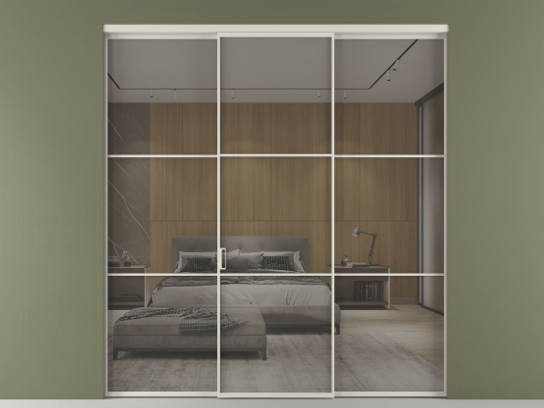 Перегородка Formato внутри проёма 3 створки АЛПР 040.03 Алюминий облачно-серый Рефлективное серое стекло "Stopsol", калёное Цена 16980 Br | Volhovec