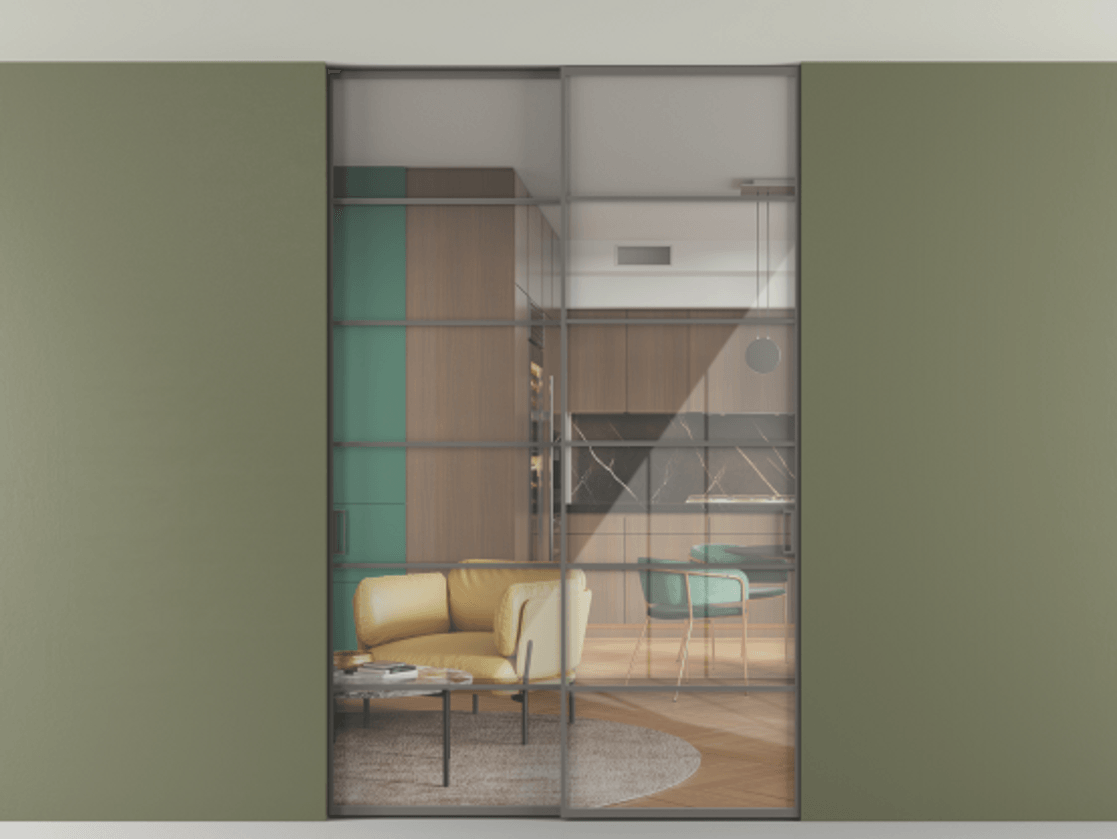 Перегородка Формато внутри проёма скрытое крепление в потолок 2 створки АЛПР 040.04 Алюминий классический серый Рефлективное прозрачное стекло "Стопсол", калёное Цена 17250 Br | Volhovec