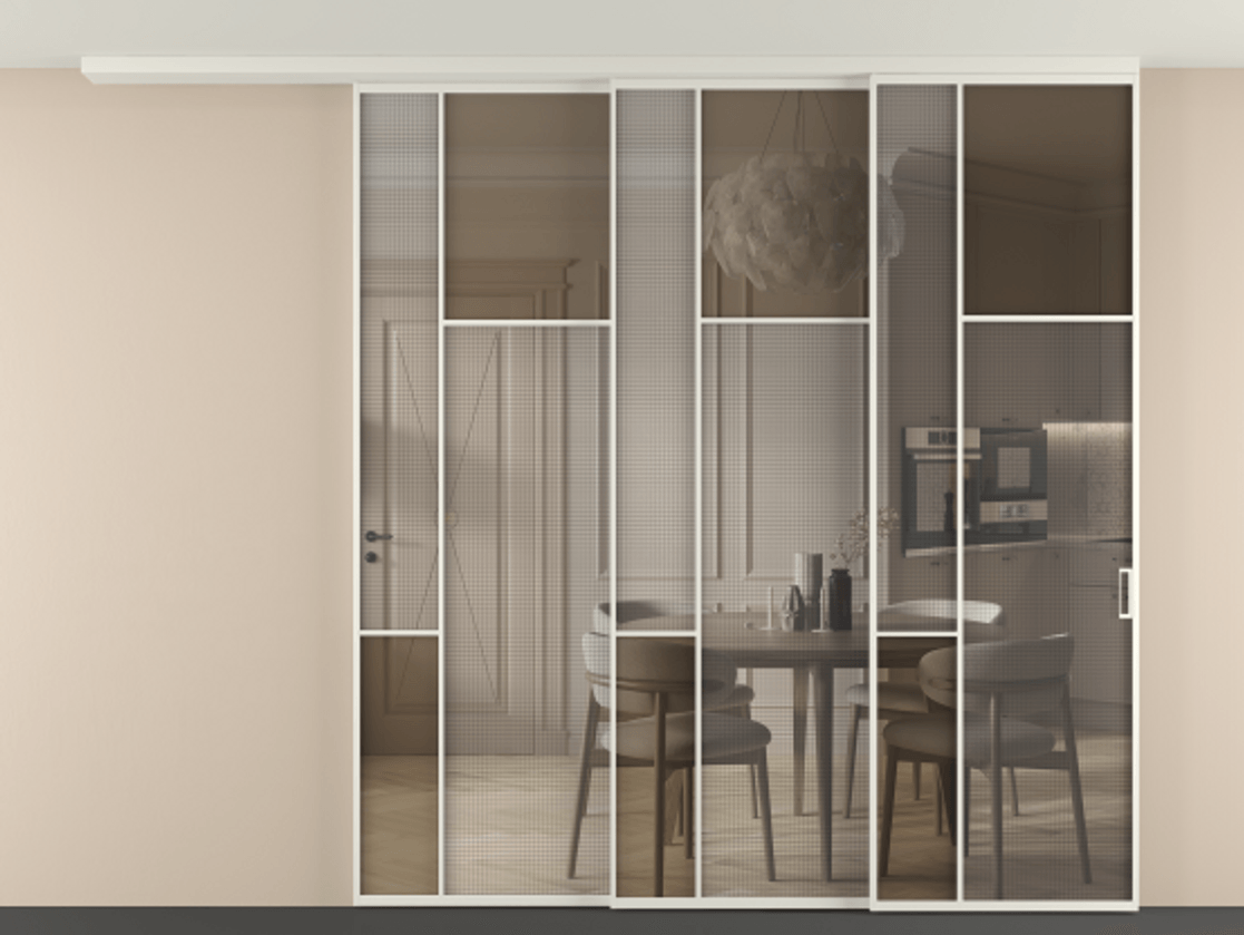 Перегородка Mosaic вдоль стены телескопик синхро-3 АЛПР 041.11 Алюминий Белый Mesh silver + Бронза прозрачное триплекс Цена 23130 Br | Volhovec