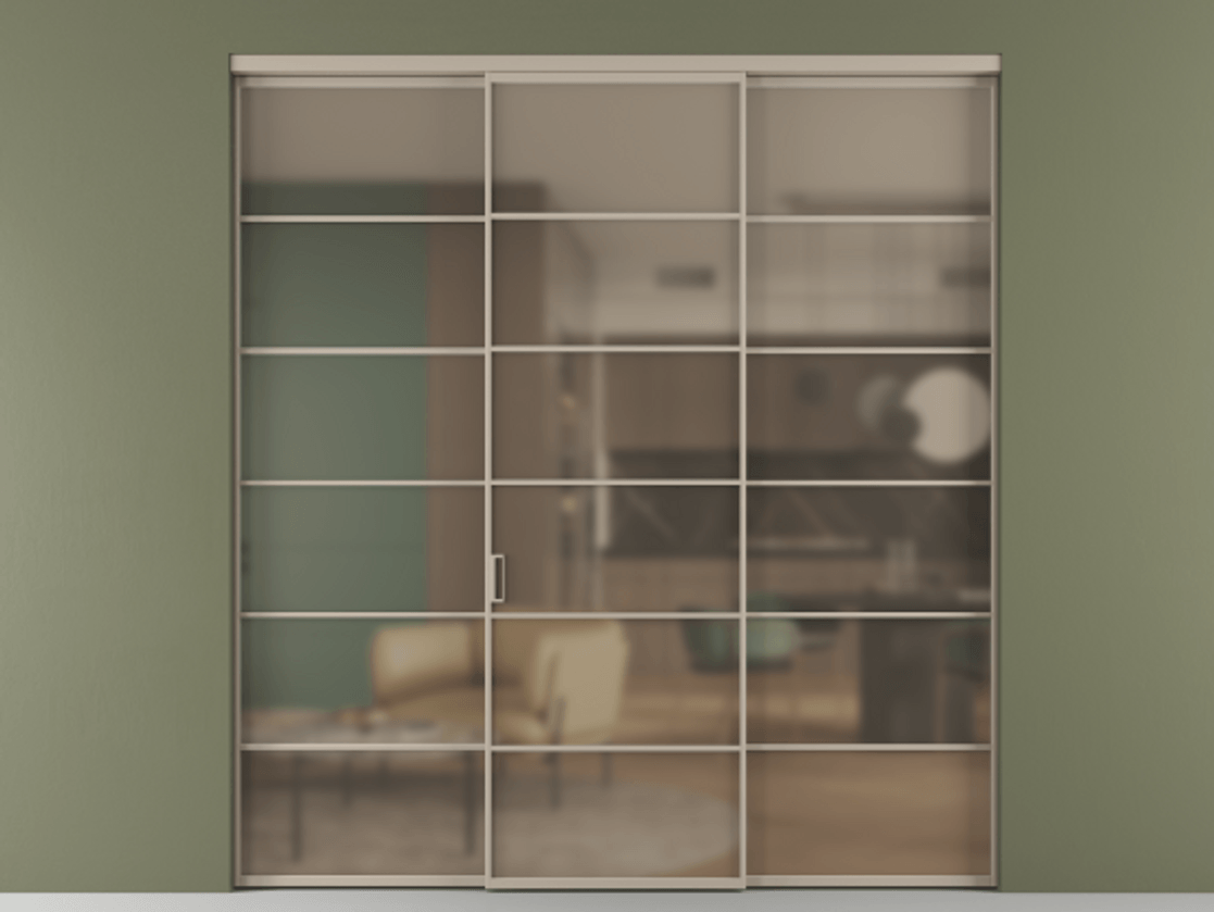 Перегородка Formato внутри проёма 3 створки АЛПР 040.04 Алюминий бисквитный Сатинированное бронзовое стекло, триплекс Цена 14290 Br | Volhovec