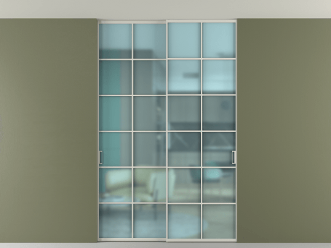 Перегородка Формато внутри проёма скрытое крепление в потолок 2 створки АЛПР 040.05 Алюминий тёплый серый Сатинированное голубое стекло, триплекс Цена 14000 Br | Volhovec